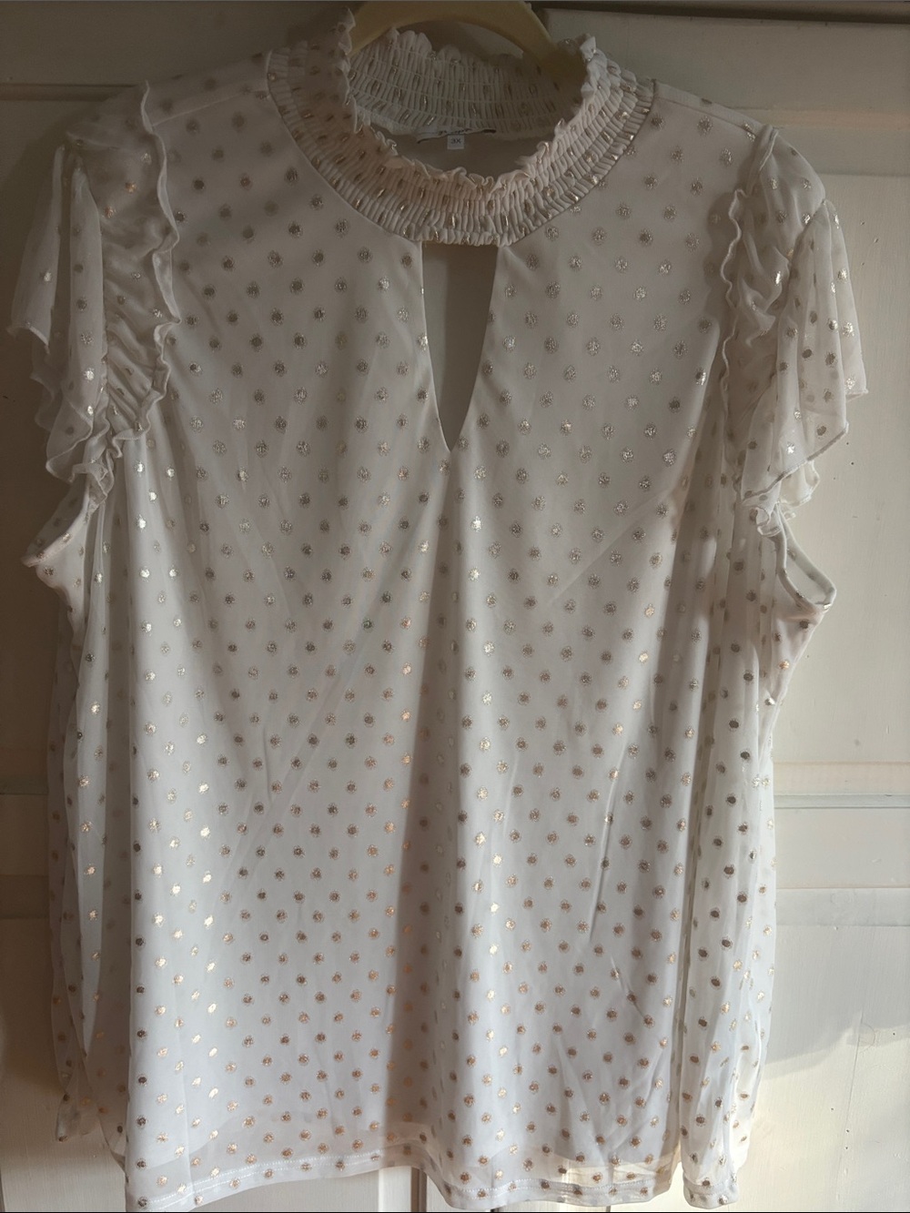 Women's Cream Ruffle Neck Blouse with Metallic Gold Dot Detail